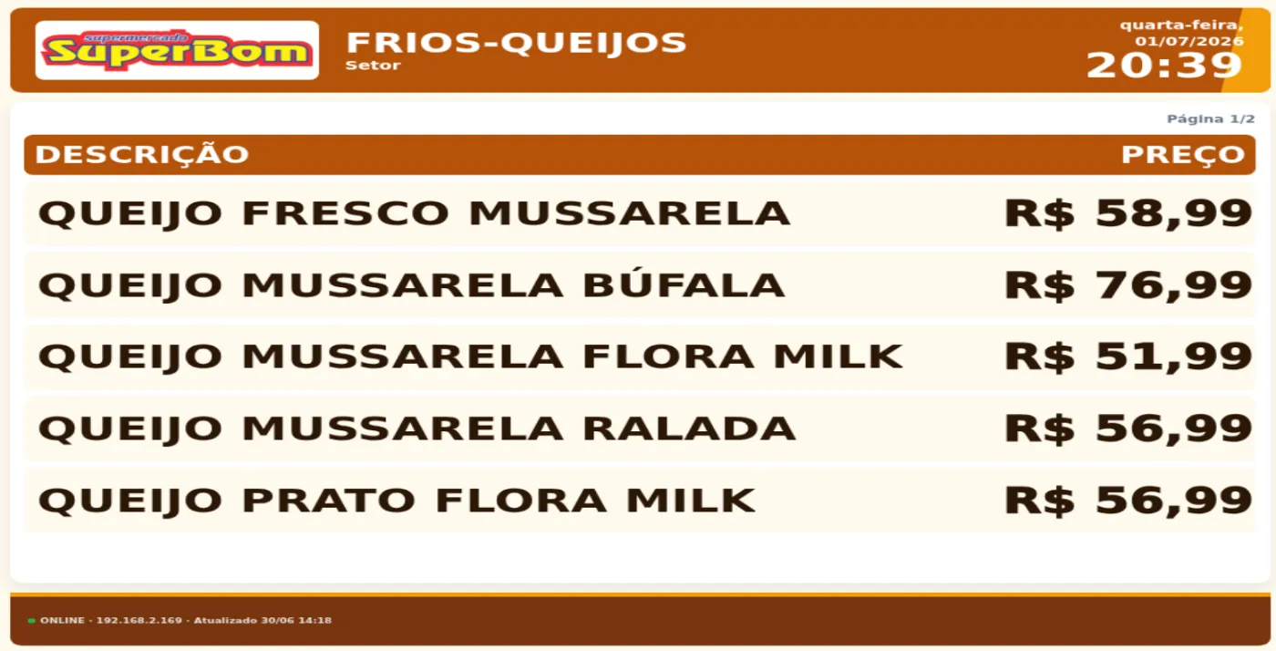 Tabela de preços de frios e laticínios