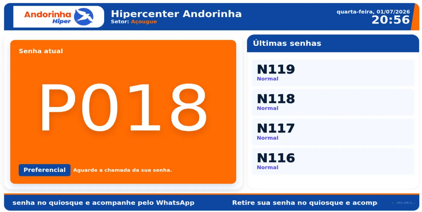 Painel de chamadas MixDisplay exibindo uma senha preferencial e as últimas chamadas