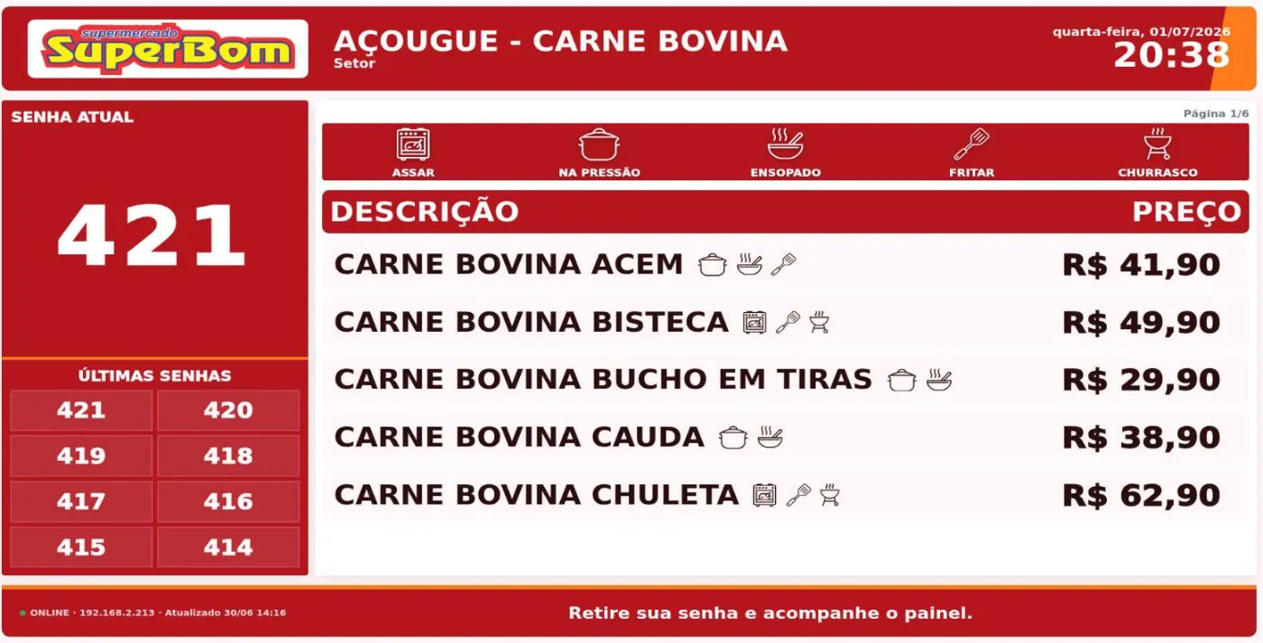 Painel com senhas e preços na mesma TV