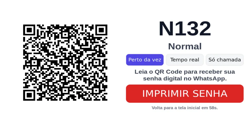 Tela de QR Code para vincular o acompanhamento da senha pelo WhatsApp